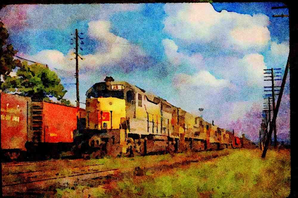 Trains USA 351069 L&N EMD GP 40 3016, With Train, 1974 A4 Limited Edition Watercolour Print