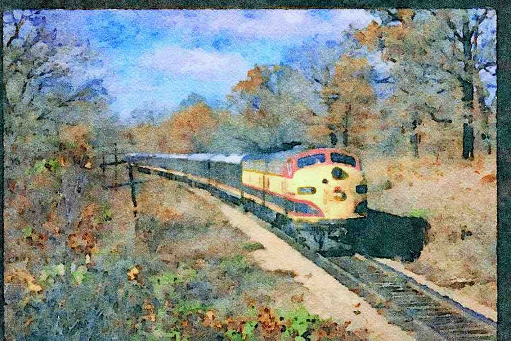 Trains USA 351081 KCS EMD E 8A 25, With Passenger Train _Southern Belle_ A4 Limited Edition Watercolour Print