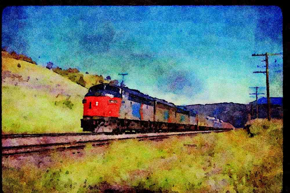 Trains USA 351084 Amtrak F 7 Set 101, With Train _North Coast Hiawatha_, 1973 A4 Limited Edition Watercolour Print