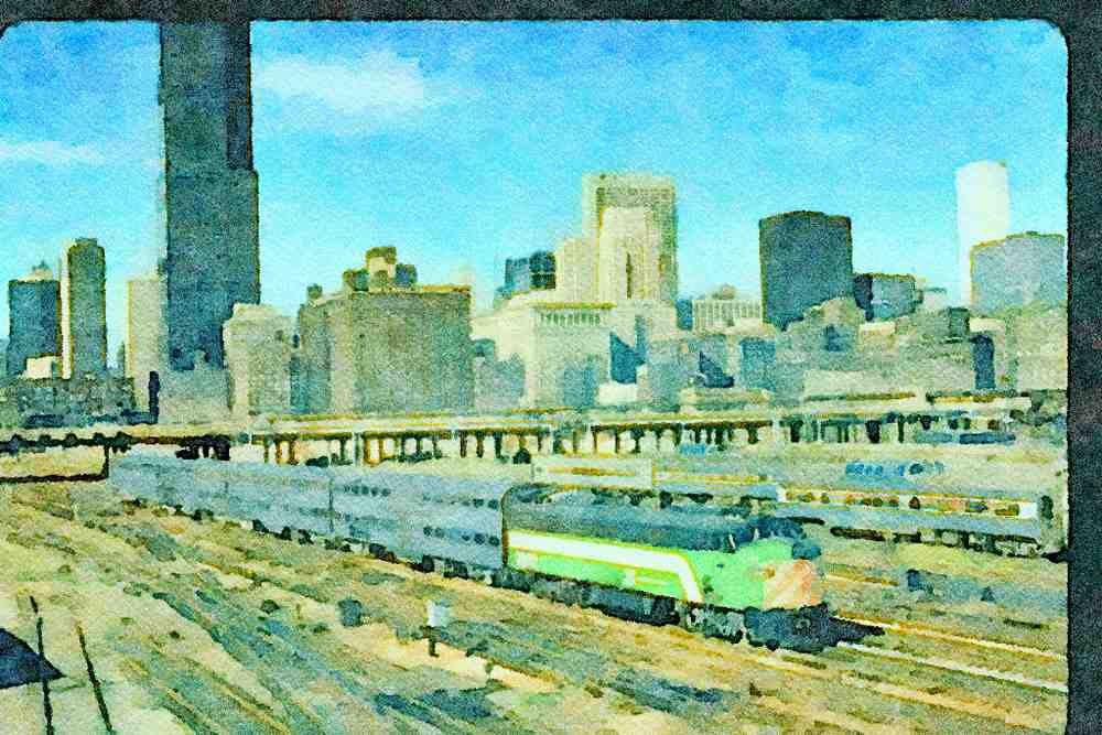Trains USA 351096 BN EMD E 9A 9902, With Commuter Train, 1974 A4 Limited Edition Watercolour Print