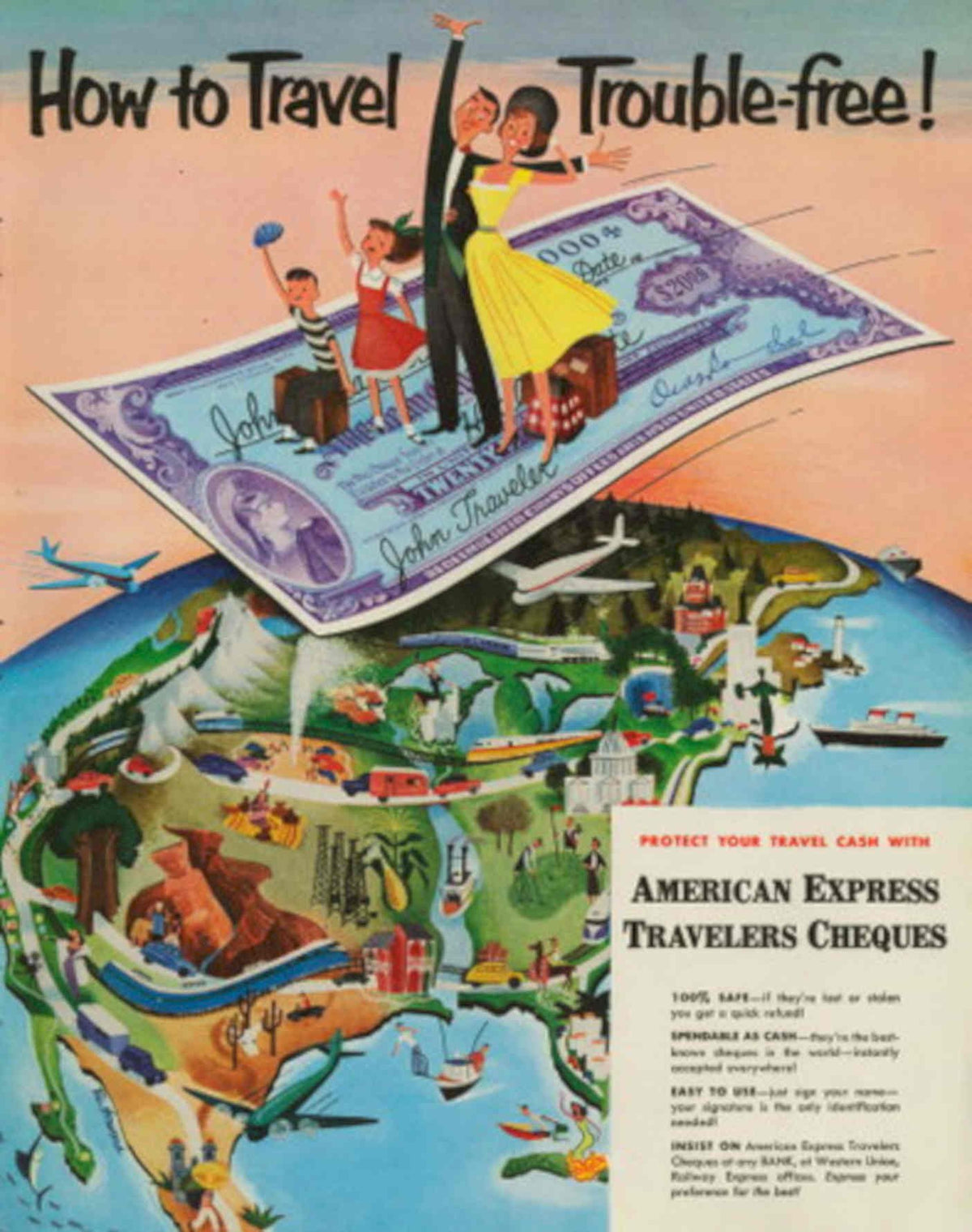 Travel Globe Dollars 1950s Vintage Retro Advert Poster