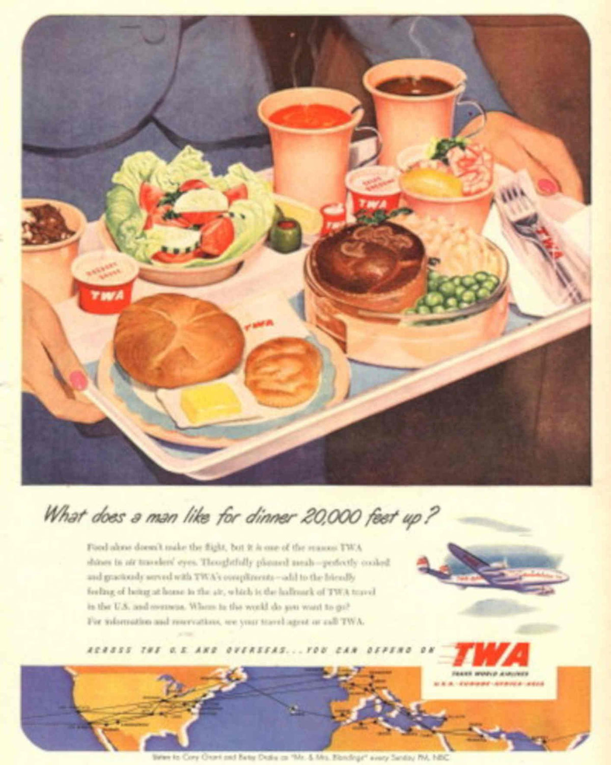 Twa Airplane Food 1950s Vintage Retro Advert Poster