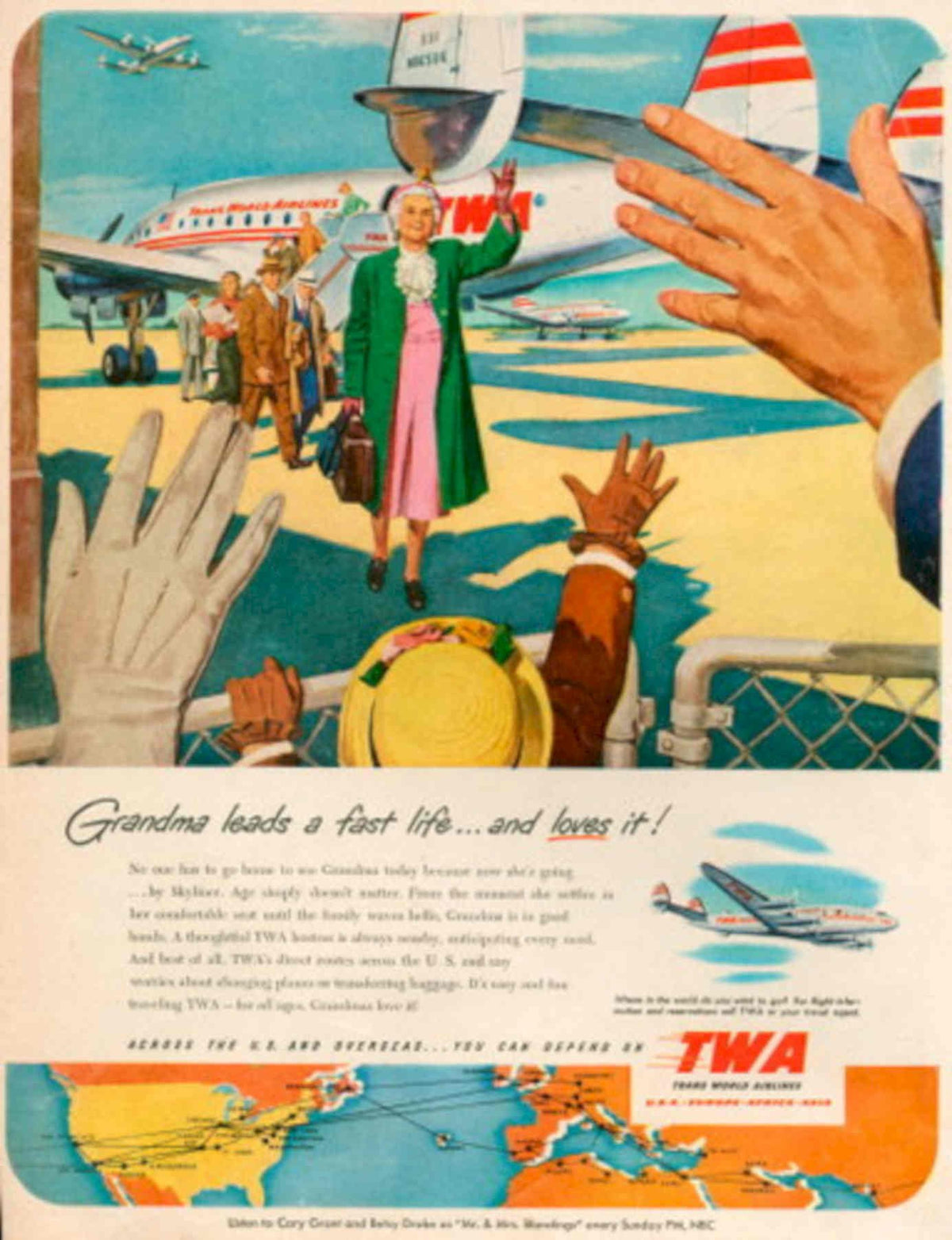 Twa Airplane Grandma 1950s Vintage Retro Advert Poster