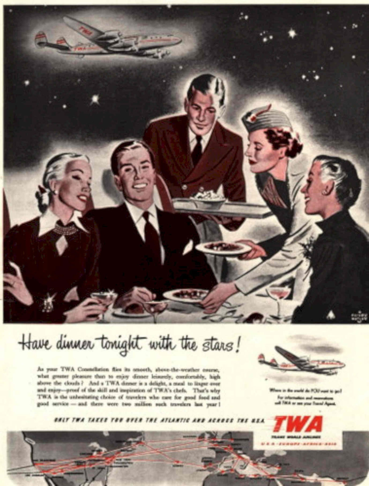 Twa Constellation Dinner 1940s Vintage Retro Advert Poster