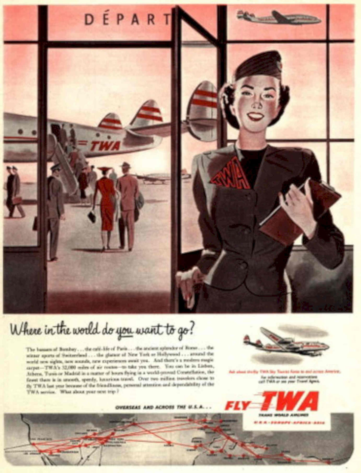 Twa Dc3 Departure 1940s Vintage Retro Advert Poster