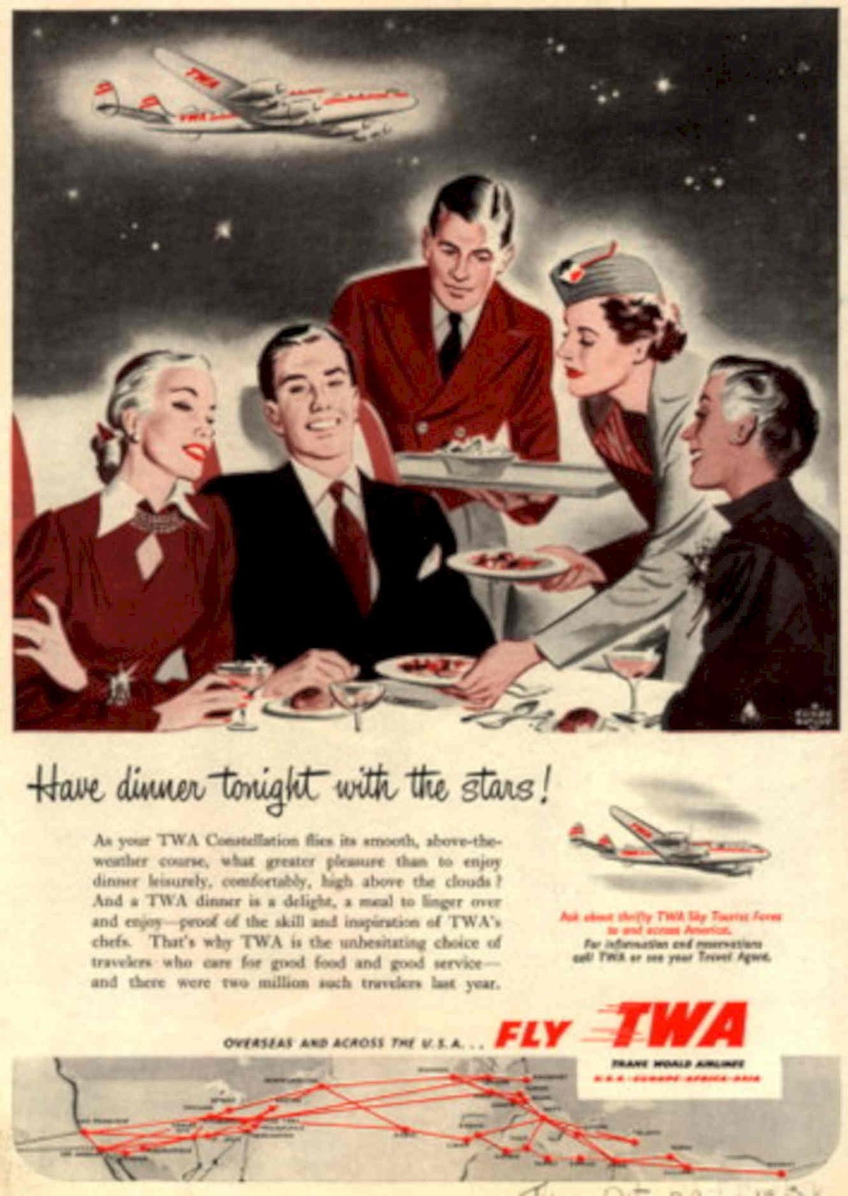 Twa Dinner Flight 1950s Vintage Retro Advert Poster