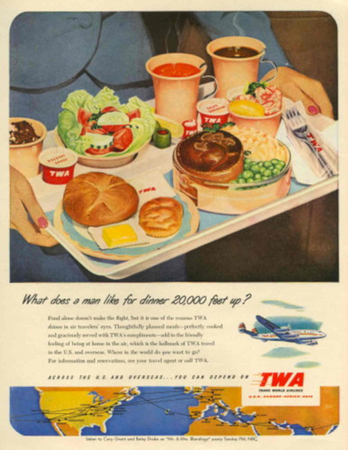 Twa Dinner Plane 1950s Vintage Retro Advert Poster