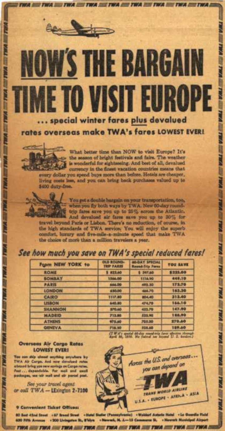 Twa Europe Fares Vintage Retro Advert Ads A4 Photo Print