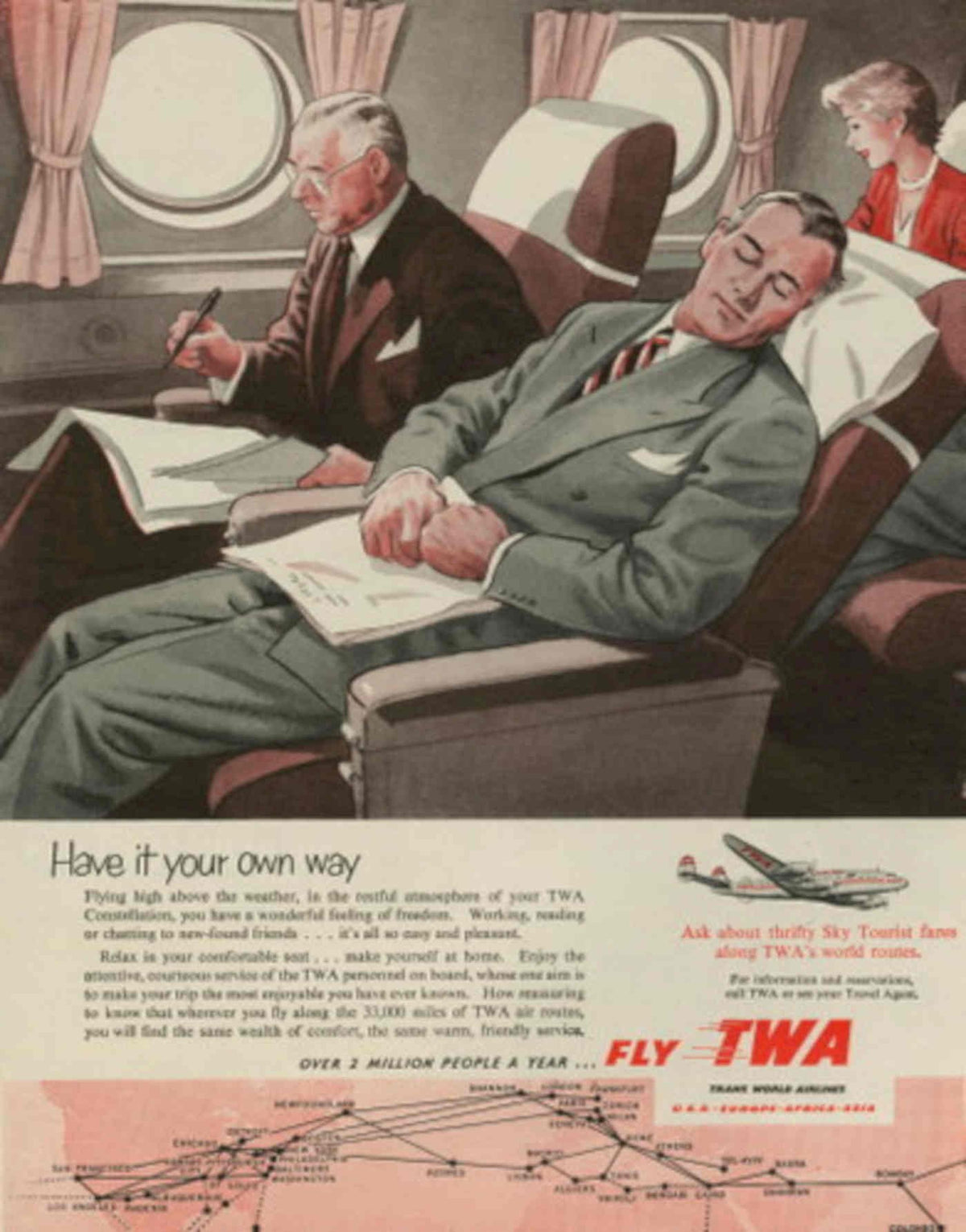 Twa Flight Routes 1950s Vintage Retro Advert Poster