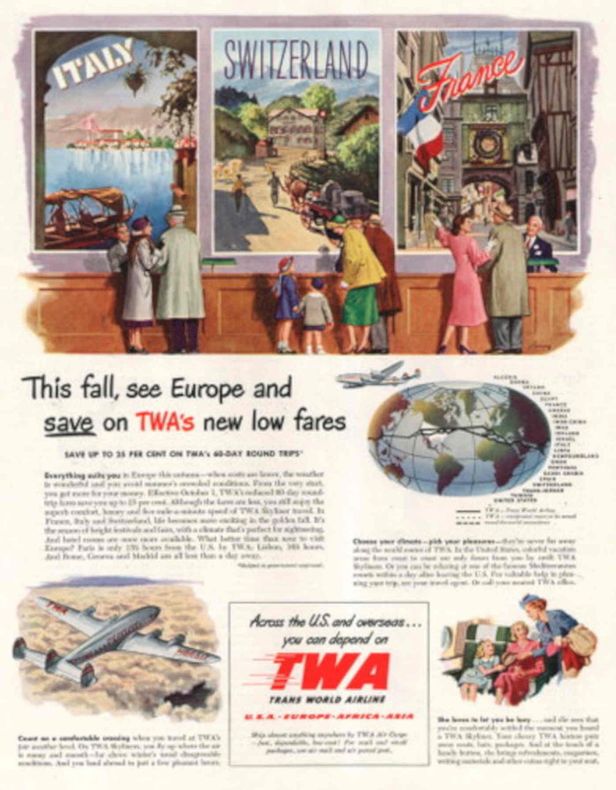 Twa Italy France 1950s Vintage Retro Advert Poster