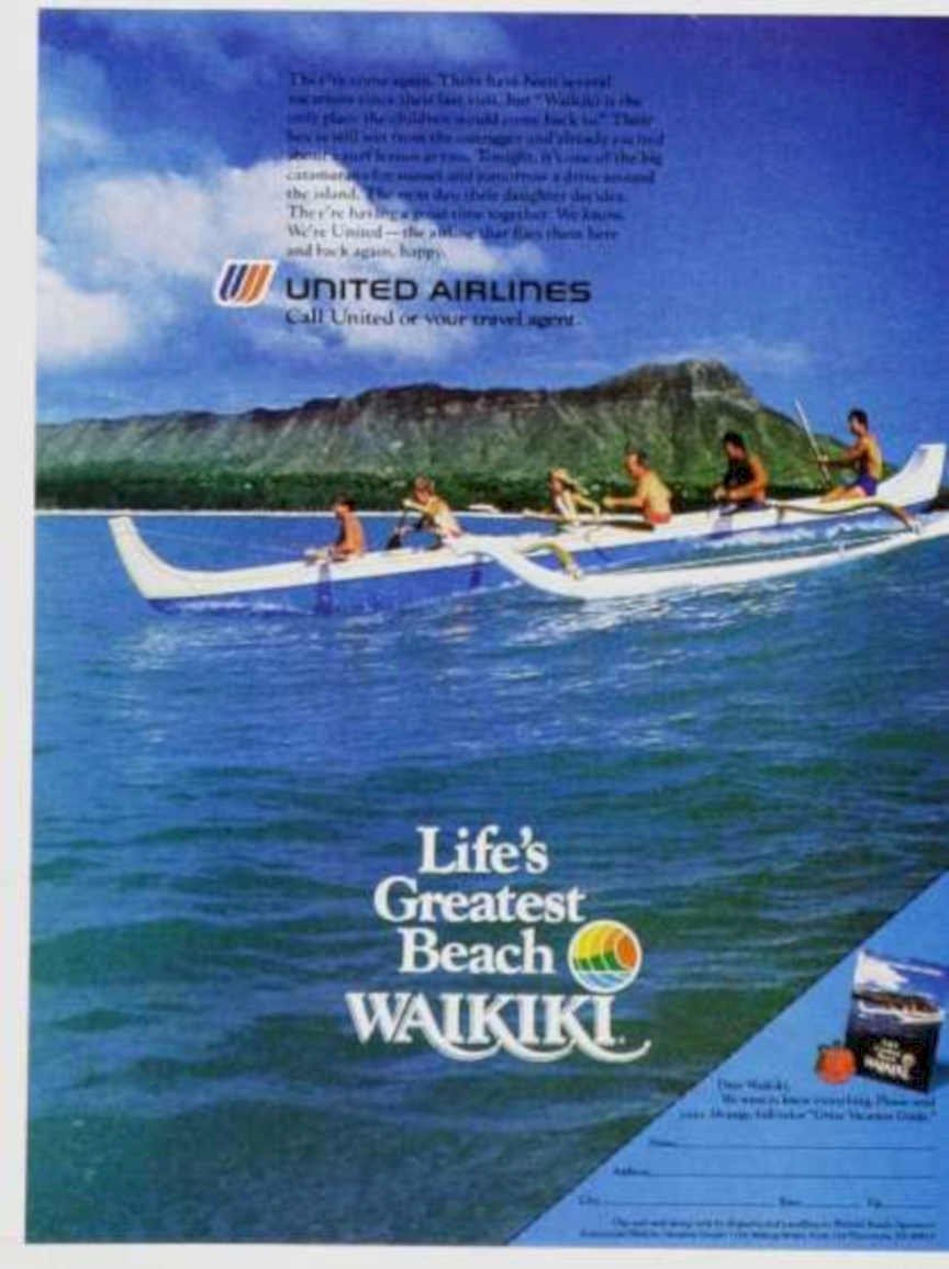 United Airlines Waikiki Vintage Retro Advert Ads A4 Photo Print