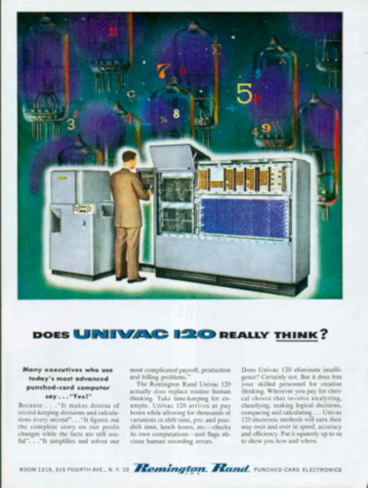 Univac 120 Thinking 1950s Vintage Retro Advert Poster