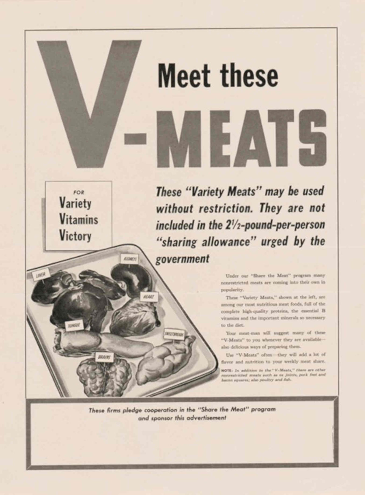 V Meats Variety American World War II Advert Poster