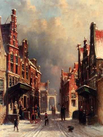 Vertin Petrus Gerardus Town View In Winter With Figures Conversing On Porches A4 Photo Print