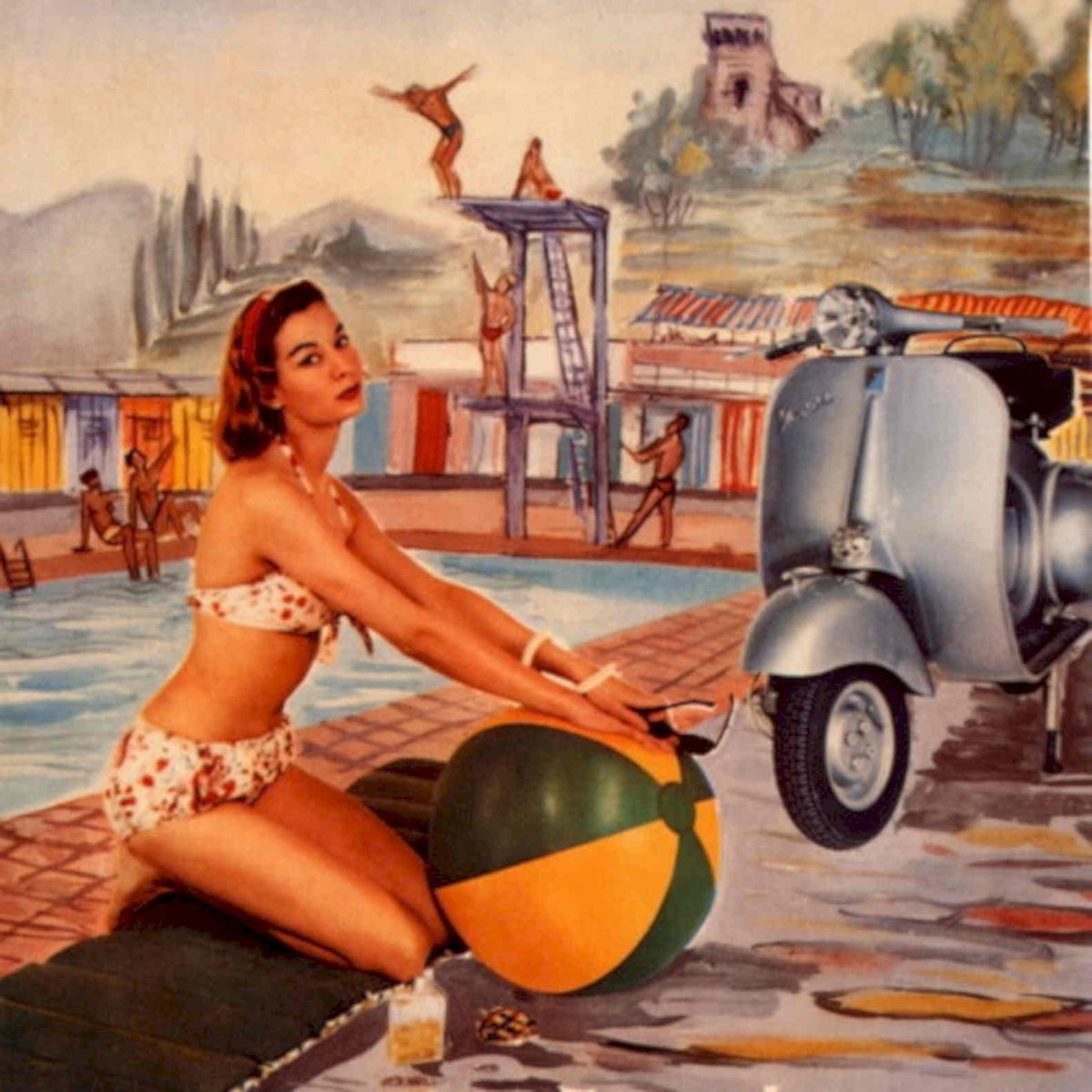 Vespa Beach Scooter 1950s Vintage Retro Advert Poster