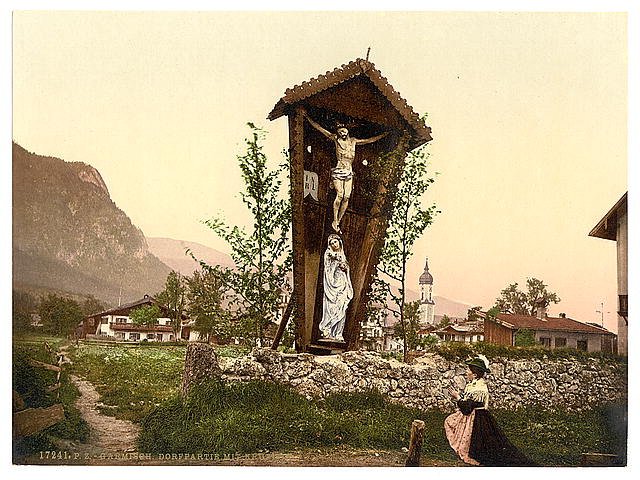 View showing crucifix Garmisch Upper Bavaria Vintage A4 Photo Print