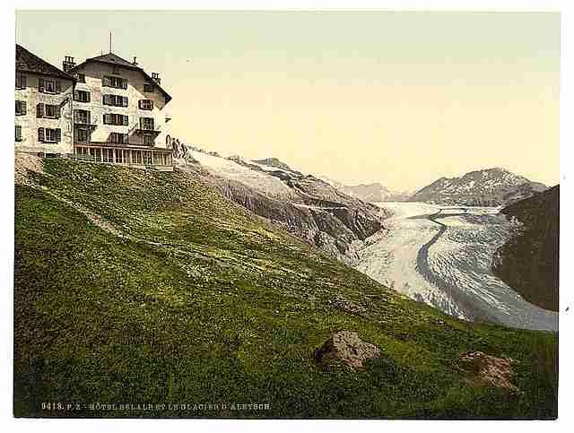 Vintage Aletsch glacier and Belalp Hotel Valais Alps of A4 Photo Print