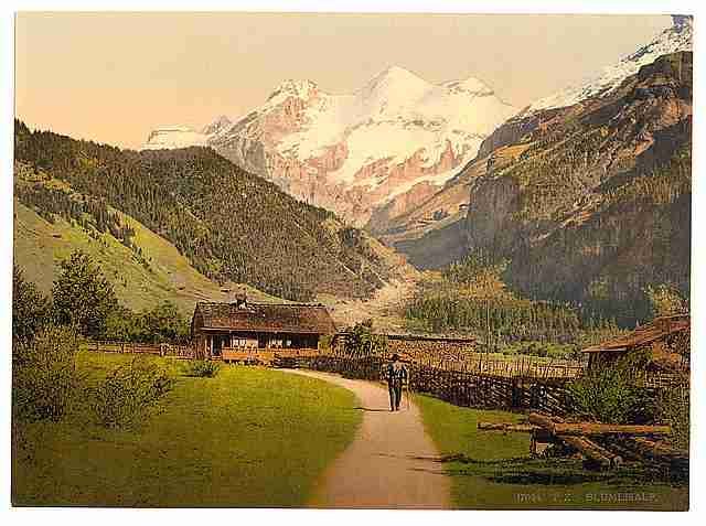 Vintage Blumlisalp and chalets Bernese Oberland A4 Photo Print