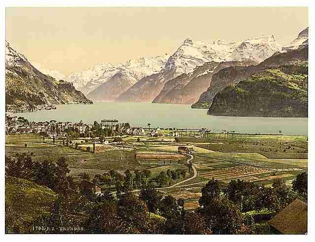 Vintage Brunnen and the Alps Lake Lucerne A4 Photo Print