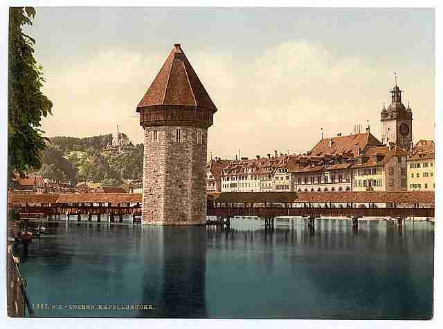 Vintage Chapel Bridge and view of Pilatus II Lucerne A4 Photo Print