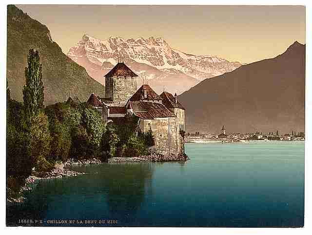 Vintage Chillon Castle and Dent du Midi II Geneva Lake A4 Photo Print