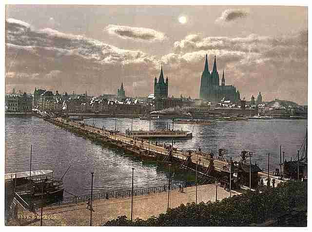 Vintage General view by moonlight Cologne the Rhine A4 Photo Print
