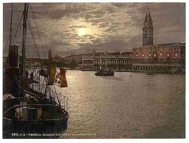 Vintage Grand Canal and Doges Palace by moonlight Venice A4 Photo Print