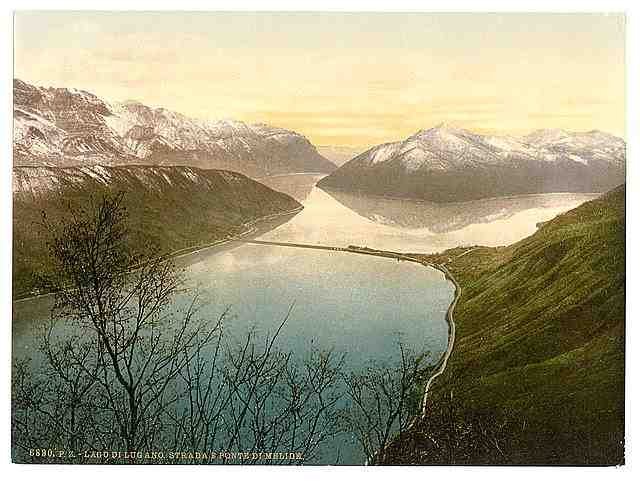 Vintage Lugano road and bridge to Melide Tessin A4 Photo Print