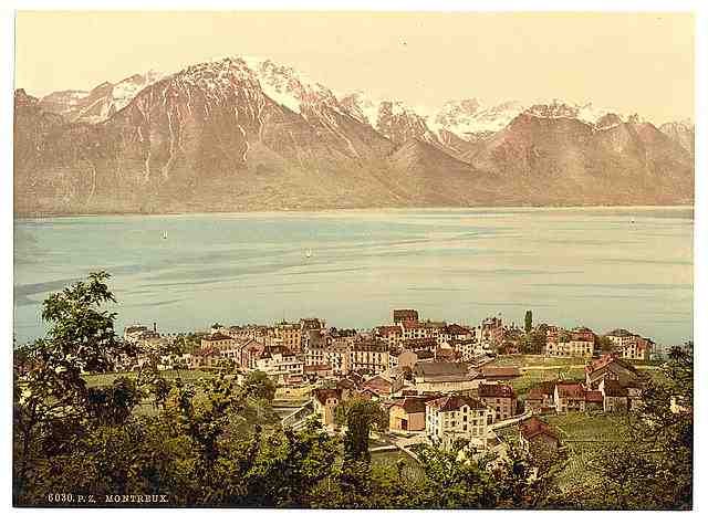 Vintage Montreux Savoy Mountains I Geneva Lake A4 Photo Print