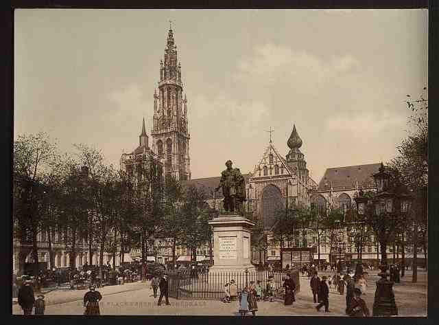 Vintage Place Verte and cathedral Antwerp A4 Photo Print
