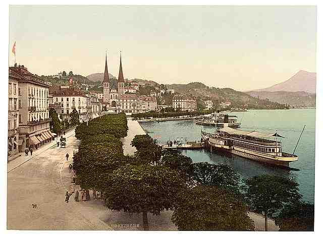 Vintage Promenade and cathedral Lucerne A4 Photo Print