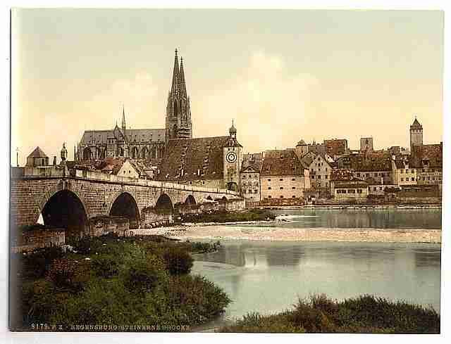 Vintage Stone Bridge and cathedral Ratisbon Bavaria A4 Photo Print