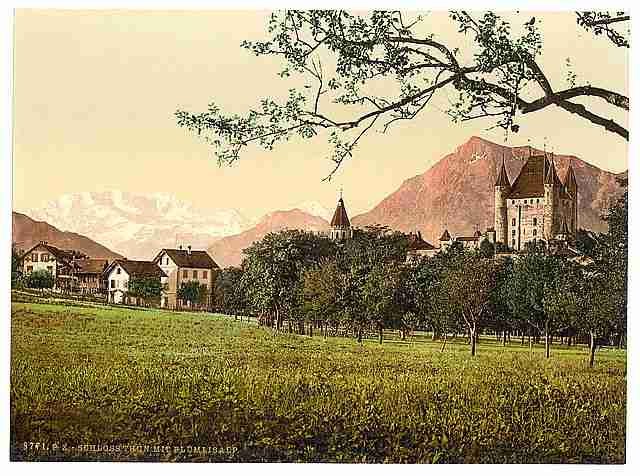 Vintage Thun castle and Blumlisalp Bernese Oberland A4 Photo Print
