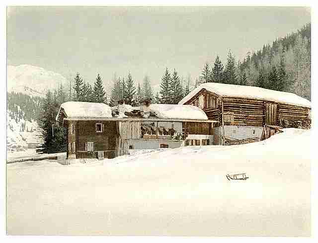 Vintage Winter scene with log structure II Grisons A4 Photo Print