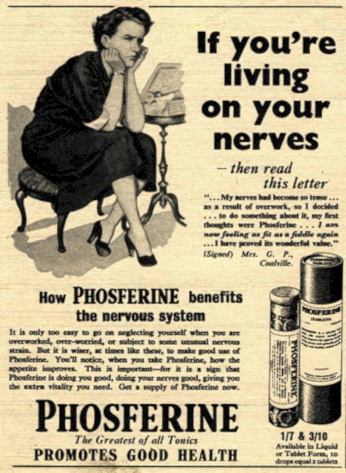 Vintage Woman Phosferine 1940s Vintage Retro Advert Poster