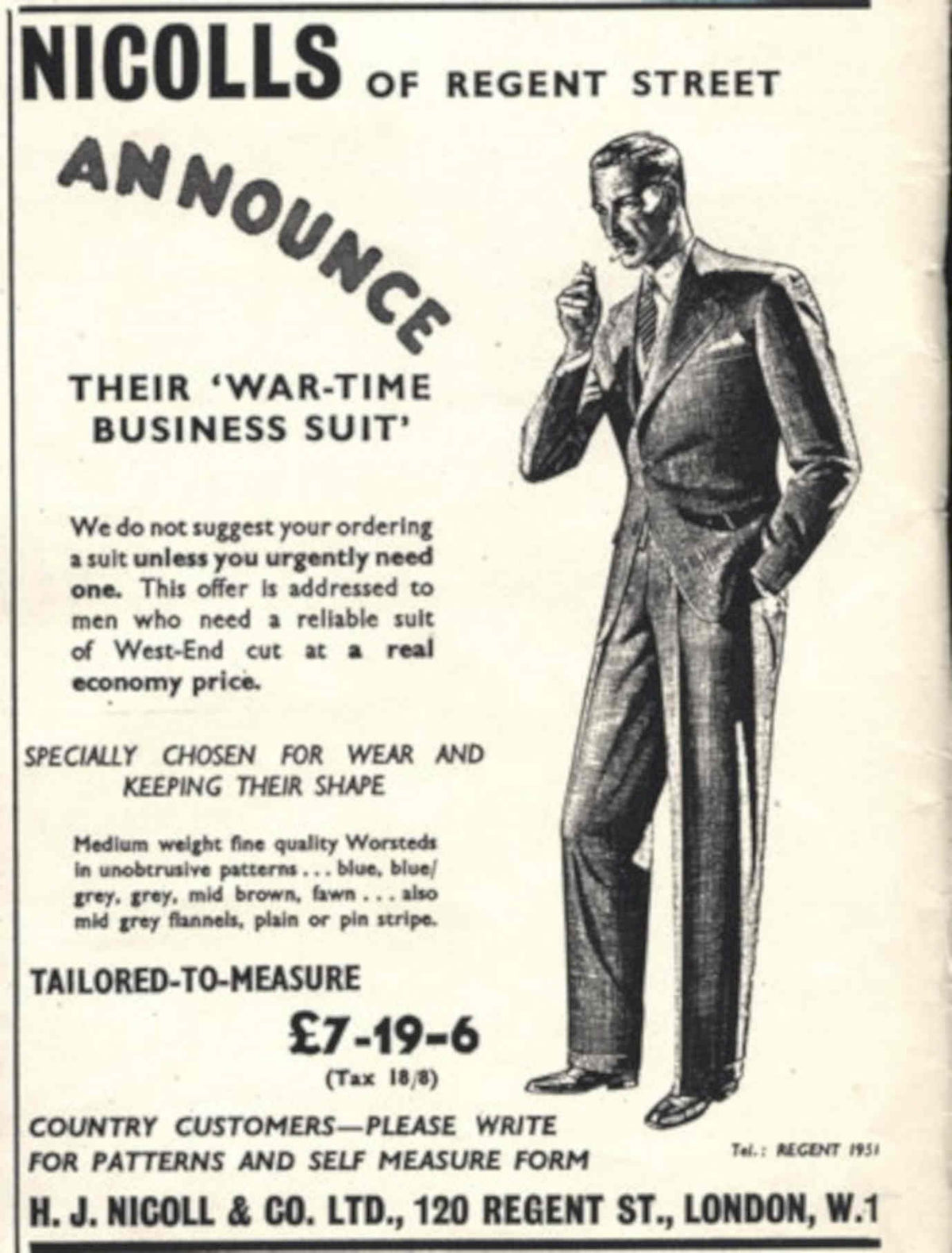 War Time Suit 1940s Vintage Retro Advert Poster