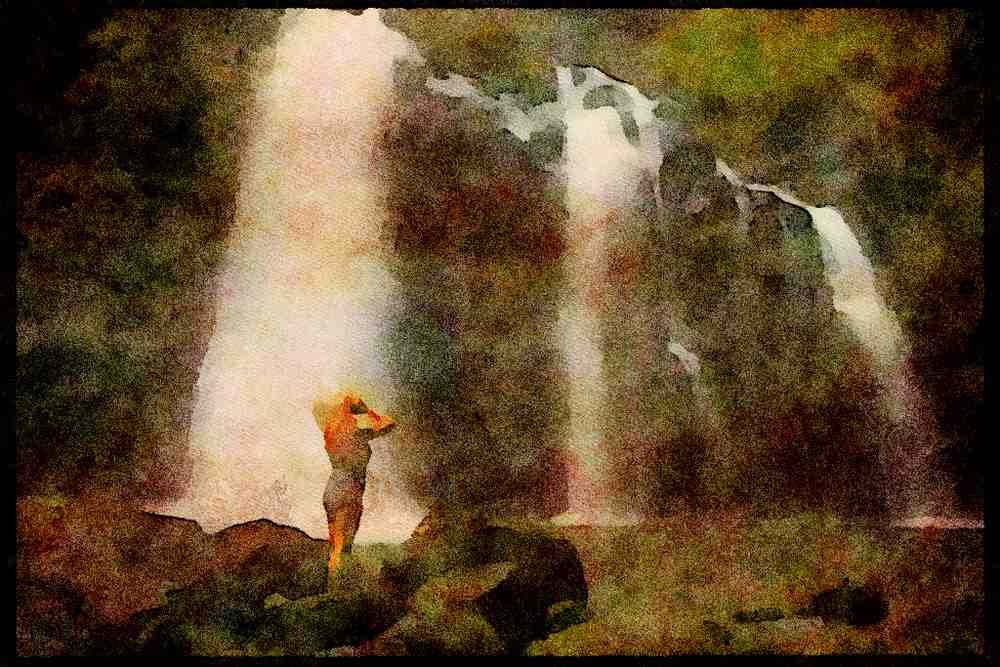 Waterfalls 027027 Bather At Waterfall Pool A4 Limited Edition Watercolour Print