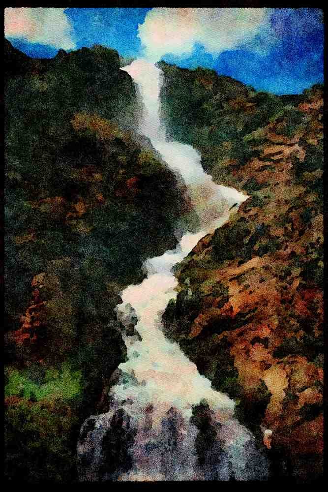 Waterfalls 027029 Water Cascading Down Rocky Mountain A4 Limited Edition Watercolour Print