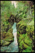 Waterfalls 027063 Narrow Waterfall Carved Into Forest A4 Limited Edition Watercolour Print