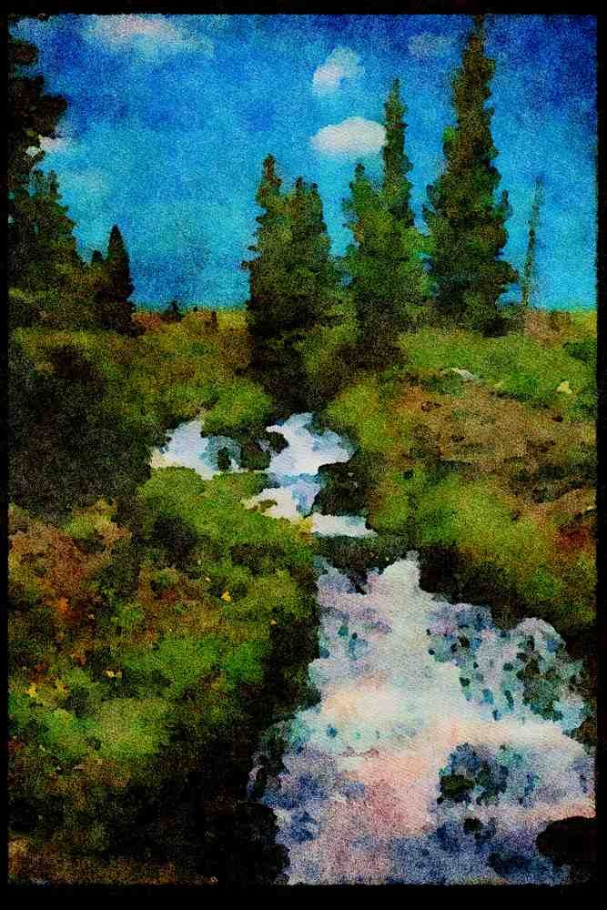 Waterfalls 027064 Waterfall Cascading Through Meadow A4 Limited Edition Watercolour Print
