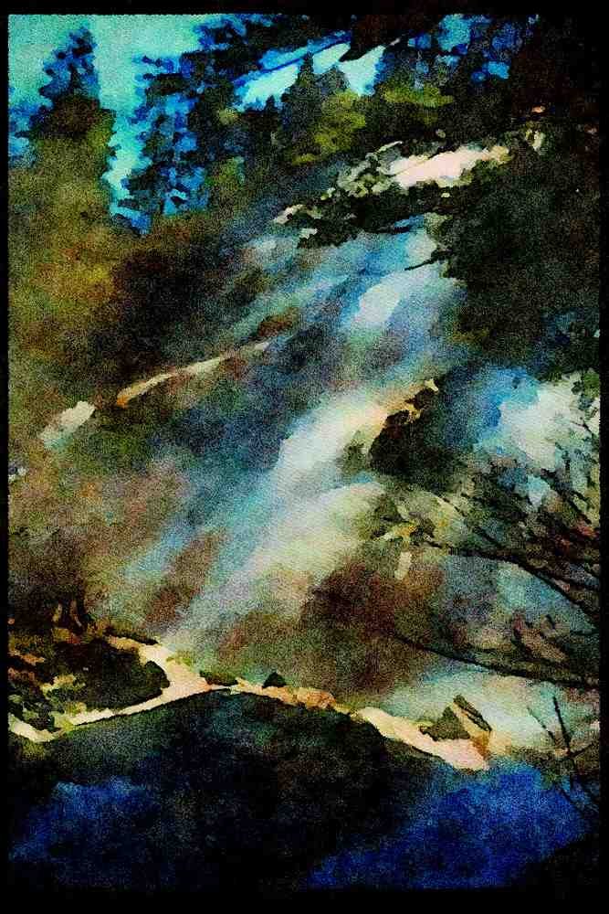 Waterfalls 027067 Wide Hillside Waterfall A4 Limited Edition Watercolour Print