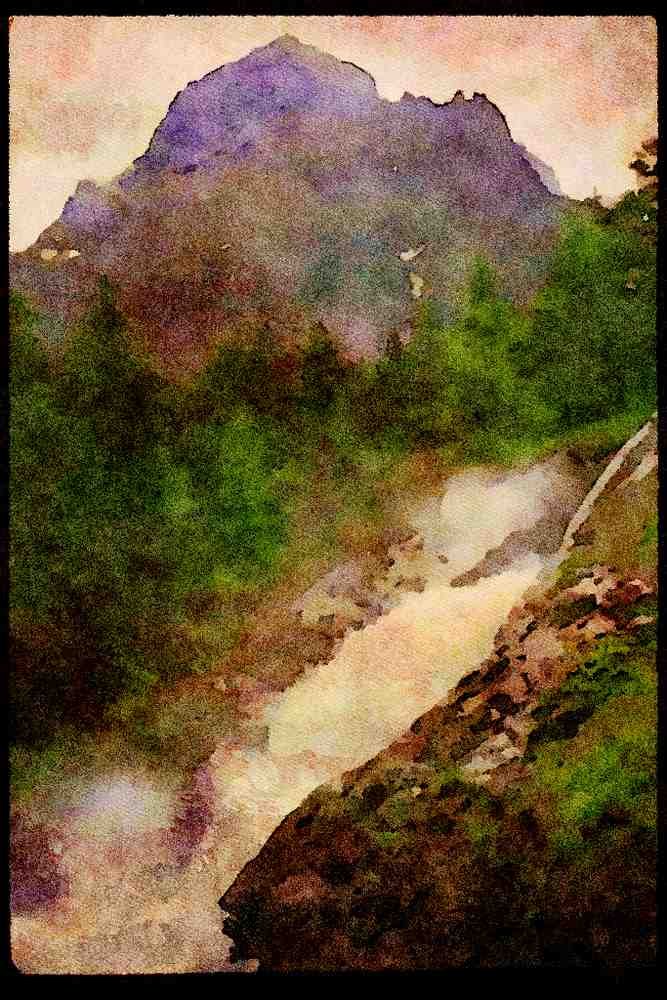 Waterfalls 027075 Waterfall With Jagged Mountain A4 Limited Edition Watercolour Print