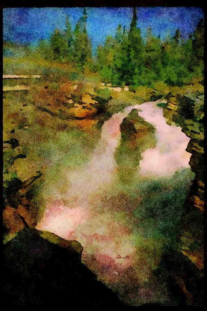 Waterfalls 027077 Powerful Waterfall In Large Canyon A4 Limited Edition Watercolour Print
