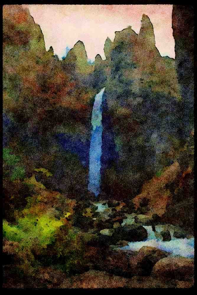 Waterfalls 027084 Waterfall Surrounded By Jagged Rocks A4 Limited Edition Watercolour Print