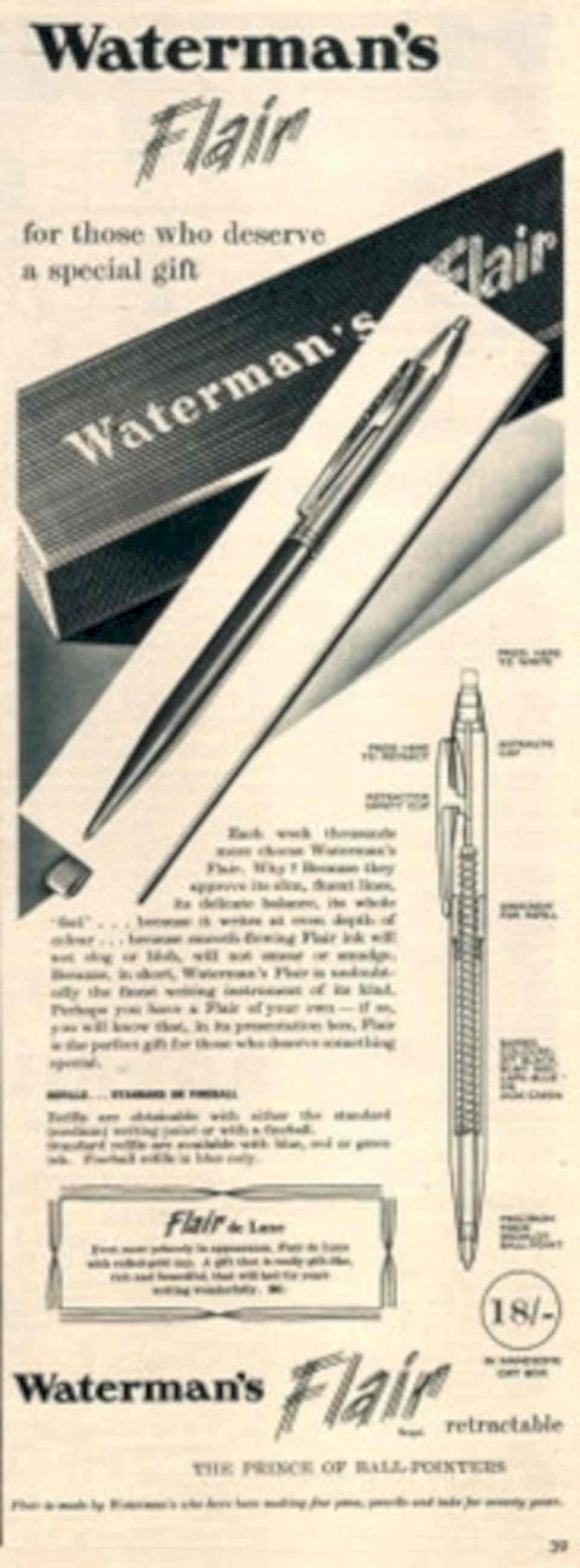 Waterman Flair Pen 1950s Vintage Retro Advert Poster