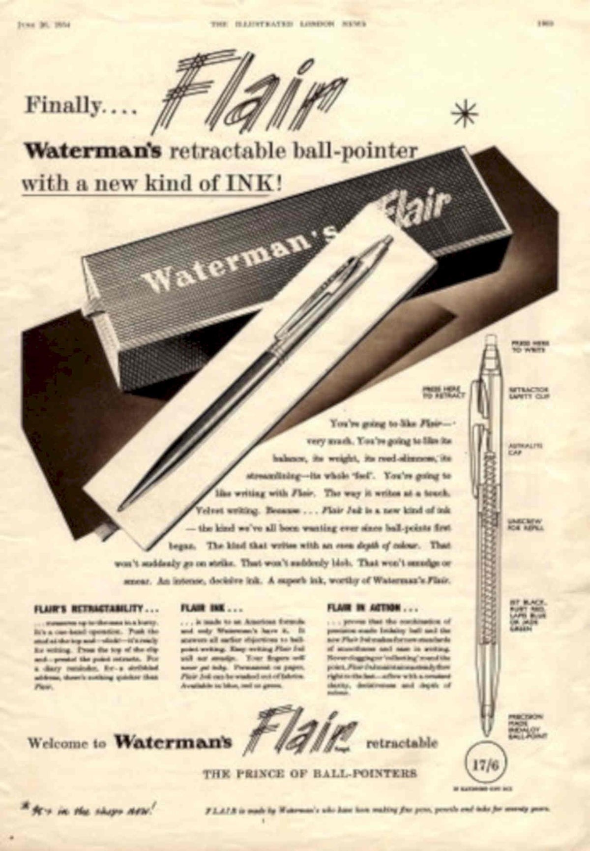 Watermans Flair Pen 1950s Vintage Retro Advert Poster