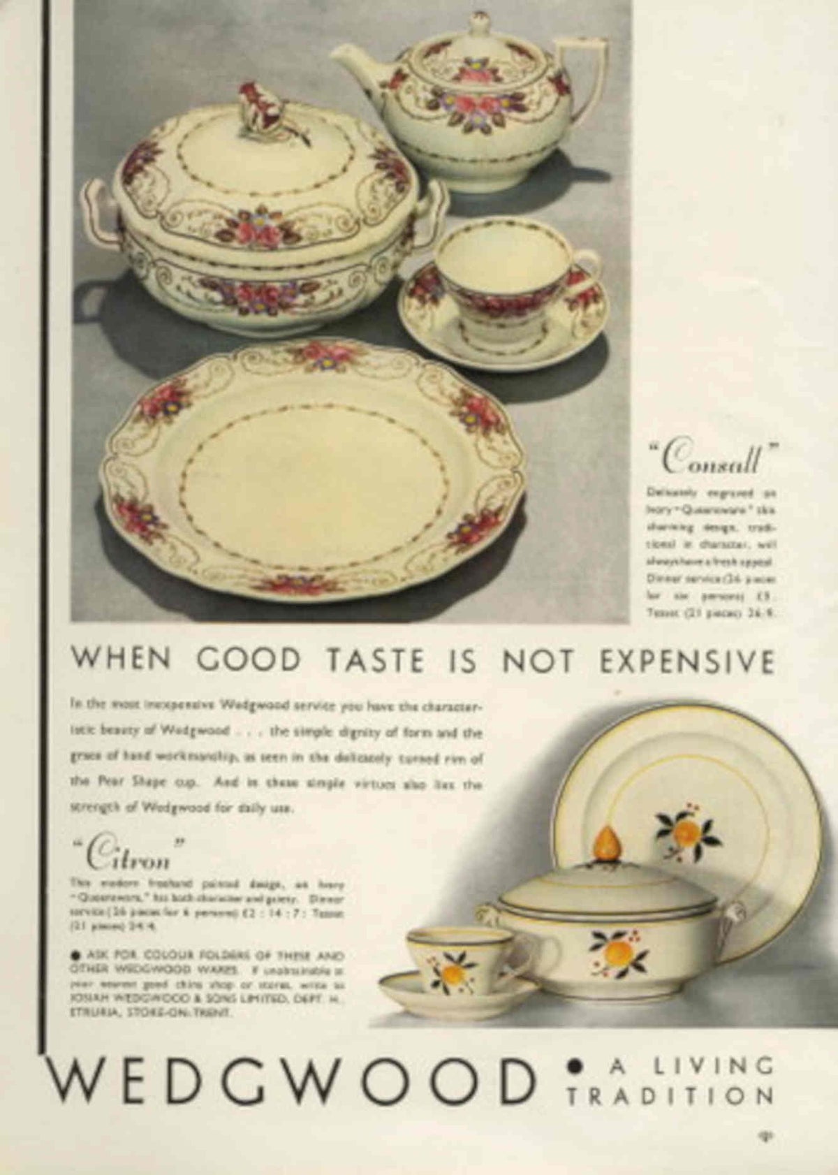 Wedgwood Dinnerware Consall 1930s Vintage Retro Advert Poster