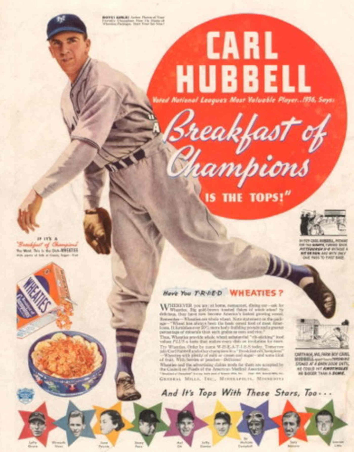 Wheaties Hubbell Yankees 1950s Vintage Retro Advert Poster