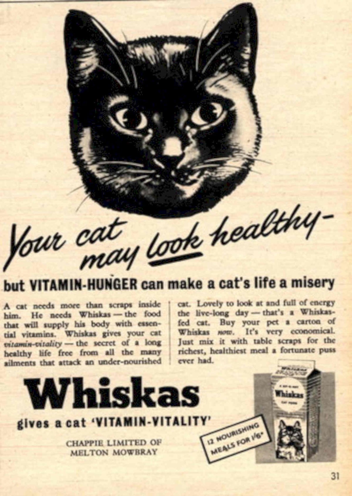 Whiskas Cat Meals 1950s Vintage Retro Advert Poster