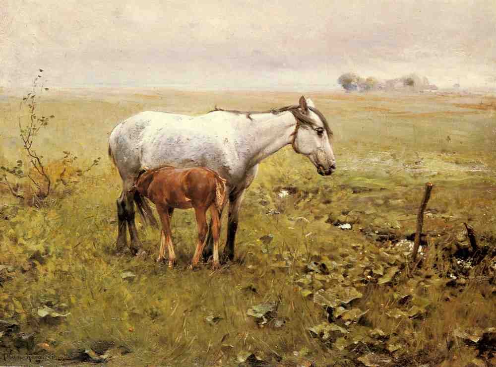 Wierusz Kowalski Alfred Von A Mare And Her Foal In A Landscape A4 Photo Print